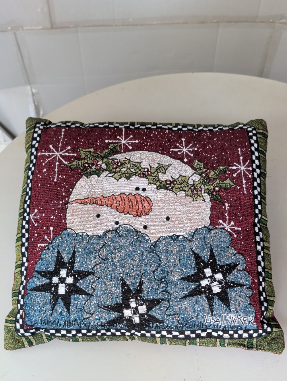 Lisa Hilliker Snowman Tapestry Holiday Pillow  Square 16" Winter Fun Festive